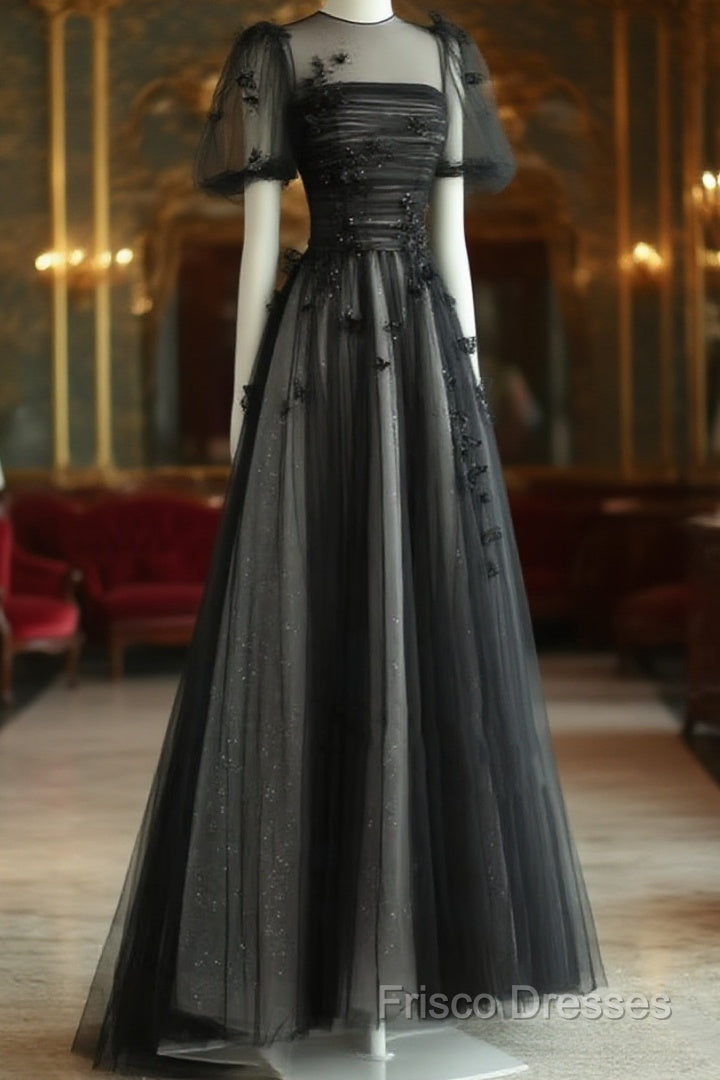 Black Tulle Puffy Short Sleeves A-Line Formal Prom Dress, Black Formal Dress Party Dress Main image