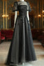 Black Tulle Puffy Short Sleeves A-Line Formal Prom Dress, Black Formal Dress Party Dress