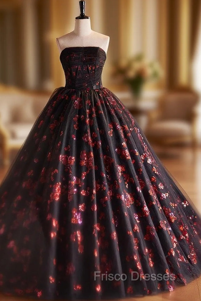 Black Tulle Red Sequins Strapless Vintage Quinceanera Dress Main image