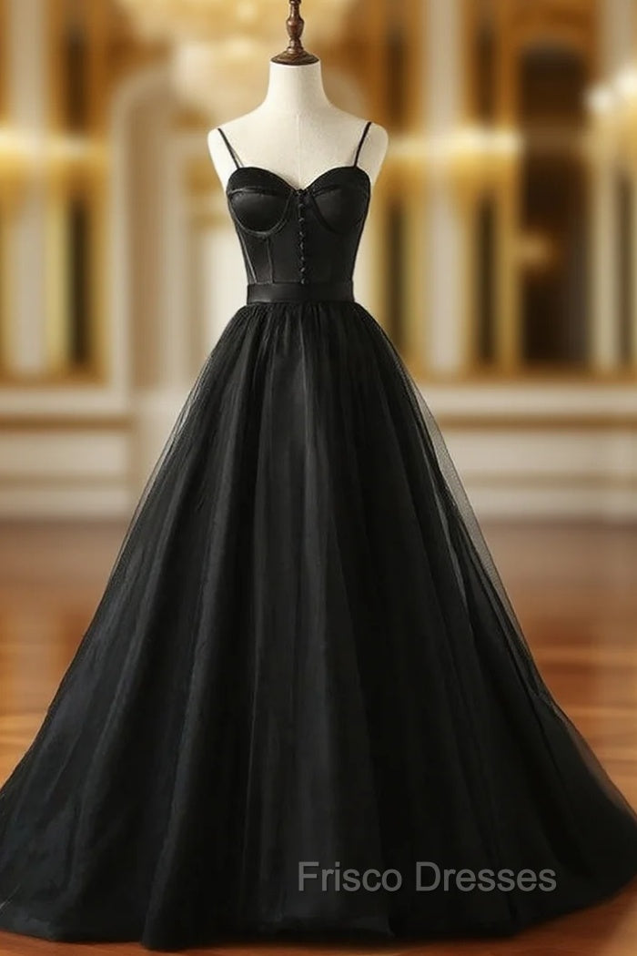 Black Tulle Satin Spaghetti Straps Button Formal Prom Dress Main image