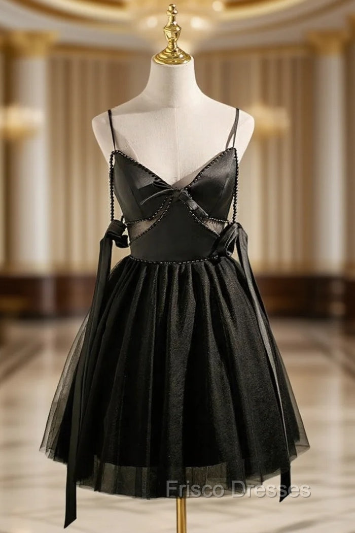Black Tulle Satin Spaghetti Straps Pearls Homecoming Dress