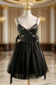 Black Tulle Satin Spaghetti Straps Pearls Homecoming Dress