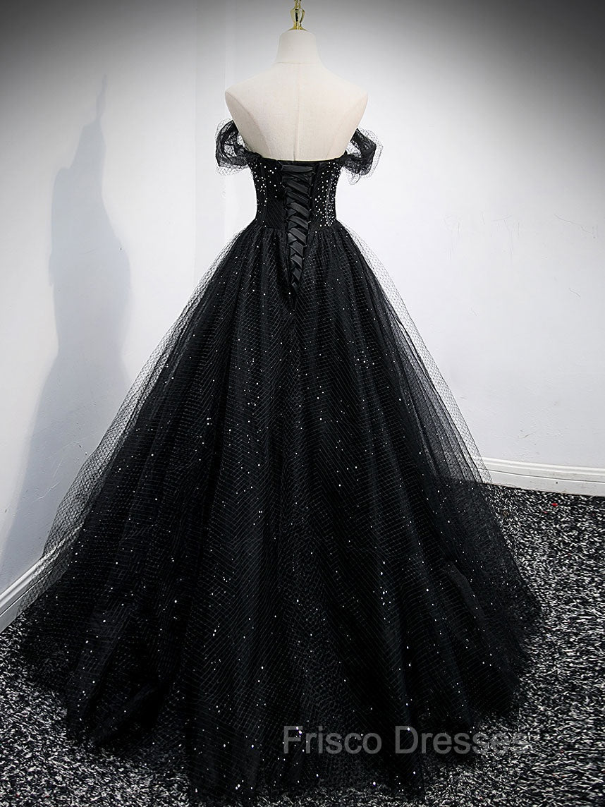 Black Tulle Sequin Long Formal Prom Dress, Black Tulle Formal Dress