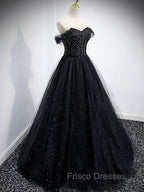 Black Tulle Sequin Long Formal Prom Dress, Black Tulle Formal Dress
