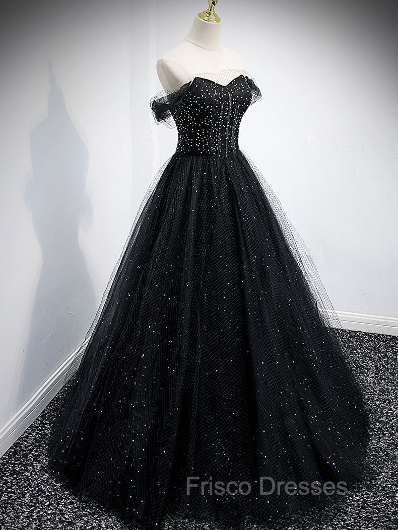 Black Tulle Sequin Long Formal Prom Dress, Black Tulle Formal Dress