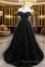Black Tulle Sequin Long Formal Prom Dress, Black Tulle Formal Dress