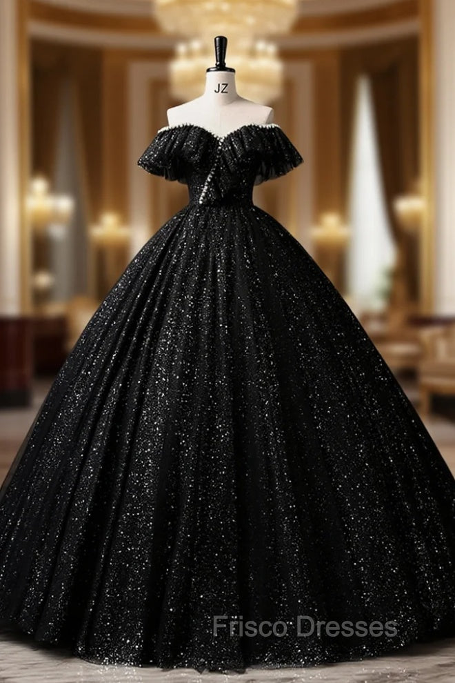 Black Tulle Sequins Beading Off the Shoulder Quinceanera Dress