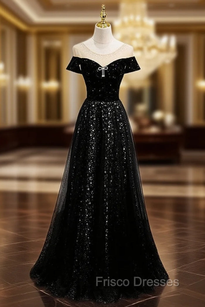 Black Tulle Sequins Cap Sleeve Formal Prom Dress
