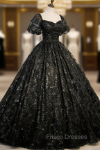 Black Tulle Sequins Long Formal Prom Dress, A-Line Short Sleeve Formal Evening Gown