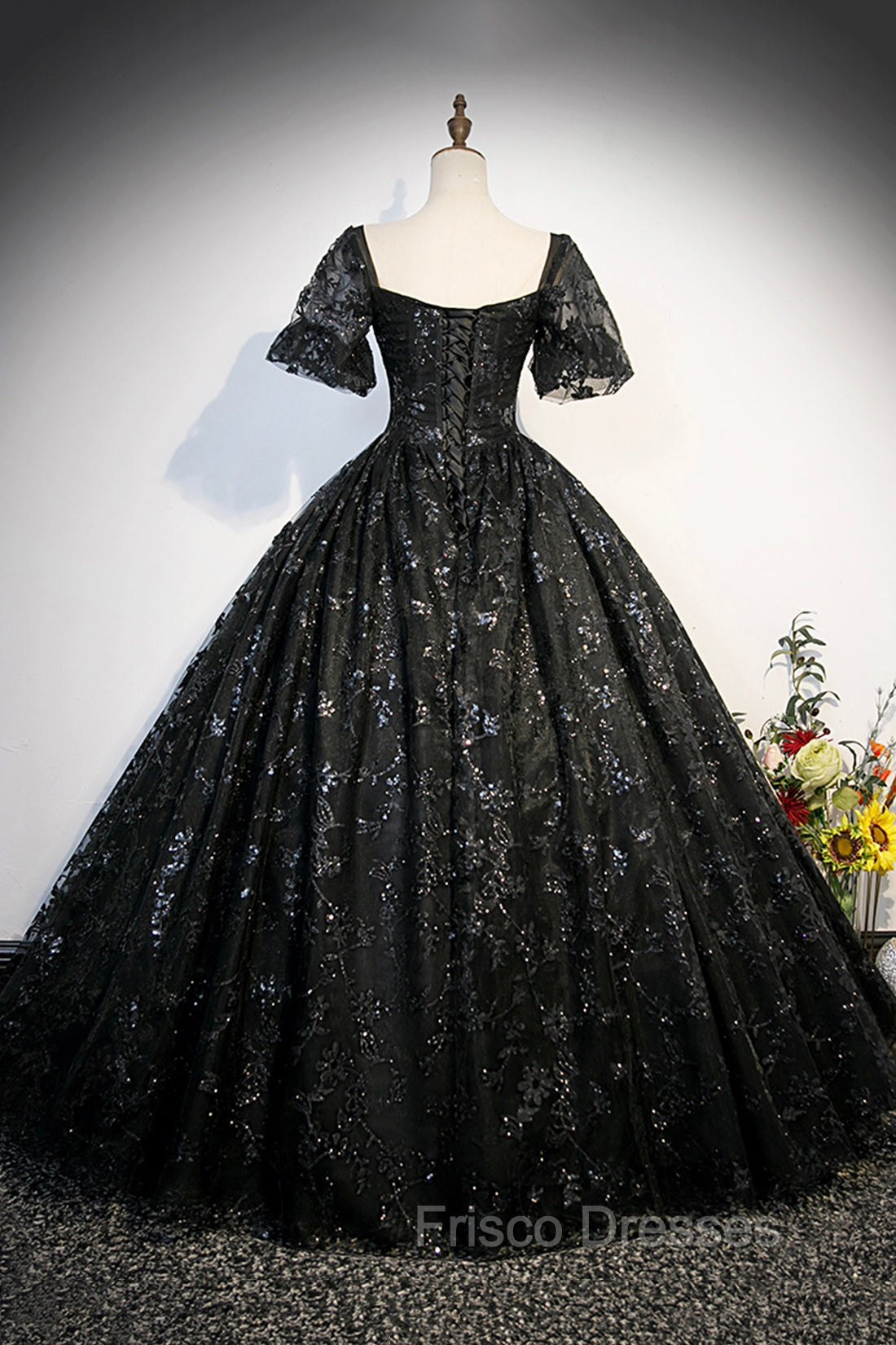 Black Tulle Sequins Long Formal Prom Dress, A-Line Short Sleeve Formal Evening Gown