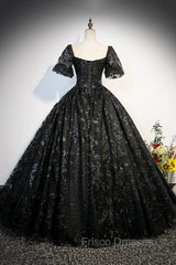 Black Tulle Sequins Long Formal Prom Dress, A-Line Short Sleeve Formal Evening Gown