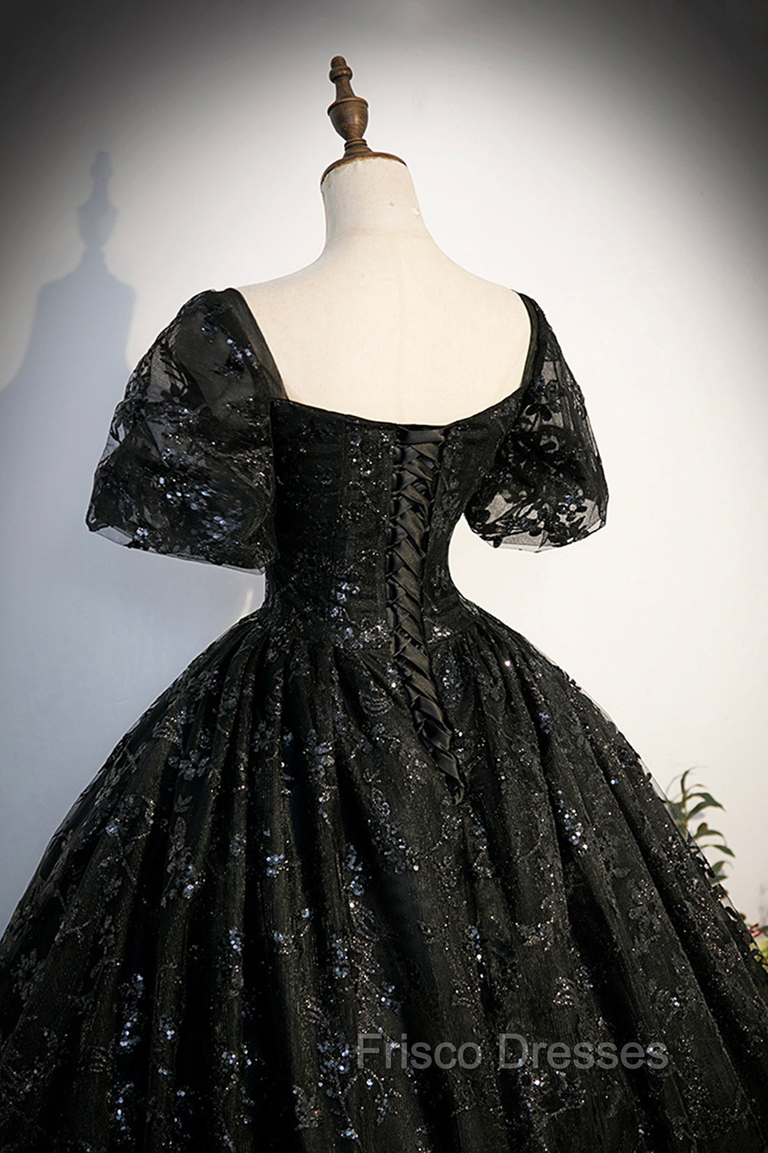 Black Tulle Sequins Long Formal Prom Dress, A-Line Short Sleeve Formal Evening Gown