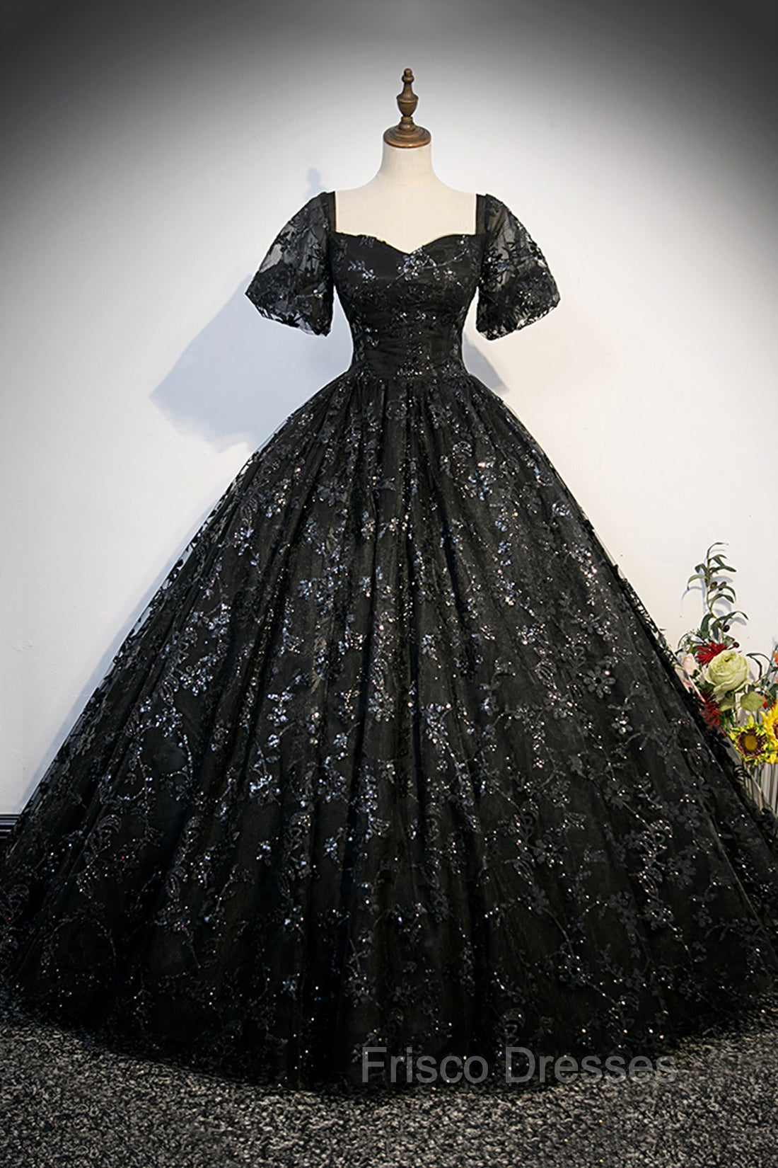 Black Tulle Sequins Long Formal Prom Dress, A-Line Short Sleeve Formal Evening Gown Main image