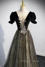 Black Tulle Sequins Long Formal Prom Dress, Black A-Line Formal Evening Dress