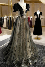Black Tulle Sequins Long Formal Prom Dress, Black A-Line Formal Evening Dress
