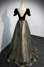 Black Tulle Sequins Long Formal Prom Dress, Black A-Line Formal Evening Dress