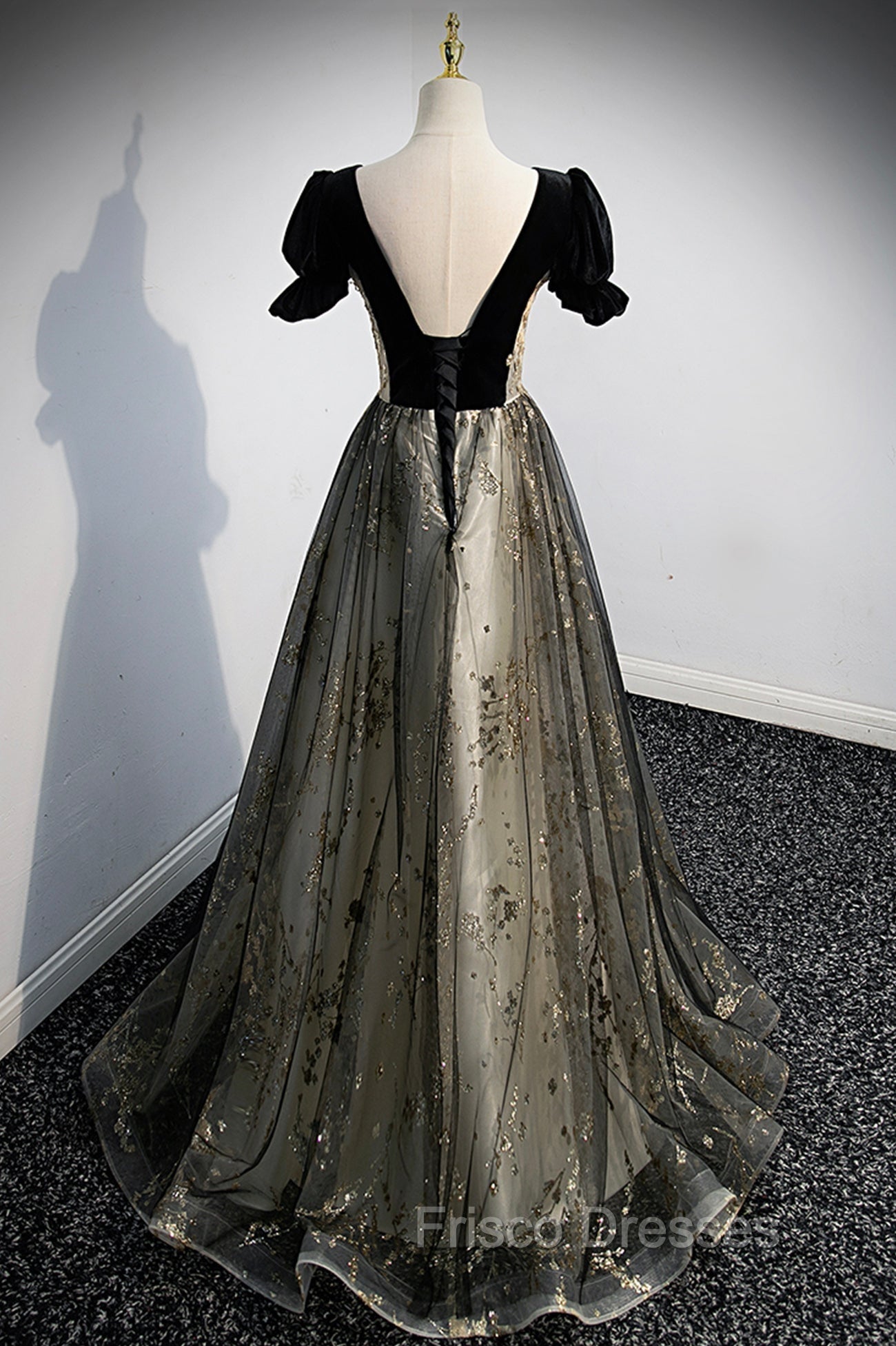 Black Tulle Sequins Long Formal Prom Dress, Black A-Line Formal Evening Dress
