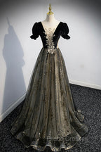 Black Tulle Sequins Long Formal Prom Dress, Black A-Line Formal Evening Dress