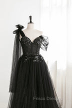 Black Tulle Sequins Long Formal Prom Dress, Black One Shoulder Evening Dress