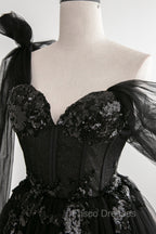 Black Tulle Sequins Long Formal Prom Dress, Black One Shoulder Evening Dress