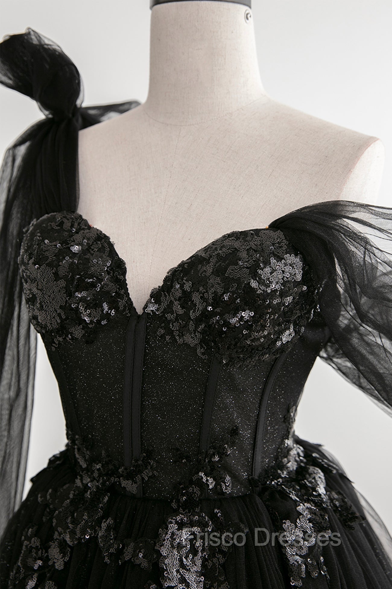 Black Tulle Sequins Long Formal Prom Dress, Black One Shoulder Evening Dress