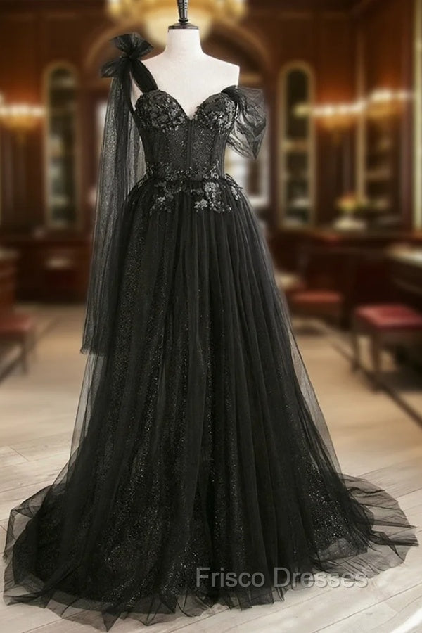 Black Tulle Sequins Long Formal Prom Dress, Black One Shoulder Evening Dress Main image