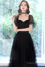 Black Tulle Sequins Long Prom Dress, Black Short Sleeve Evening Dress