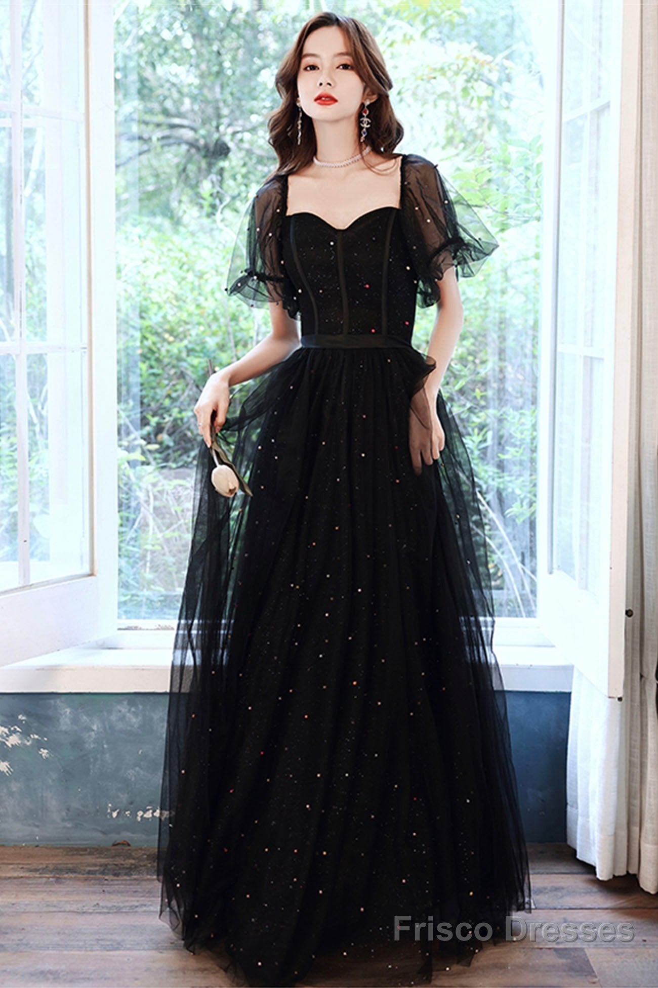 Black Tulle Sequins Long Prom Dress, Black Short Sleeve Evening Dress Main image