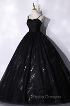 Black Tulle Sequins Long Formal Prom Dress, Black Spaghetti Straps Evening Dress