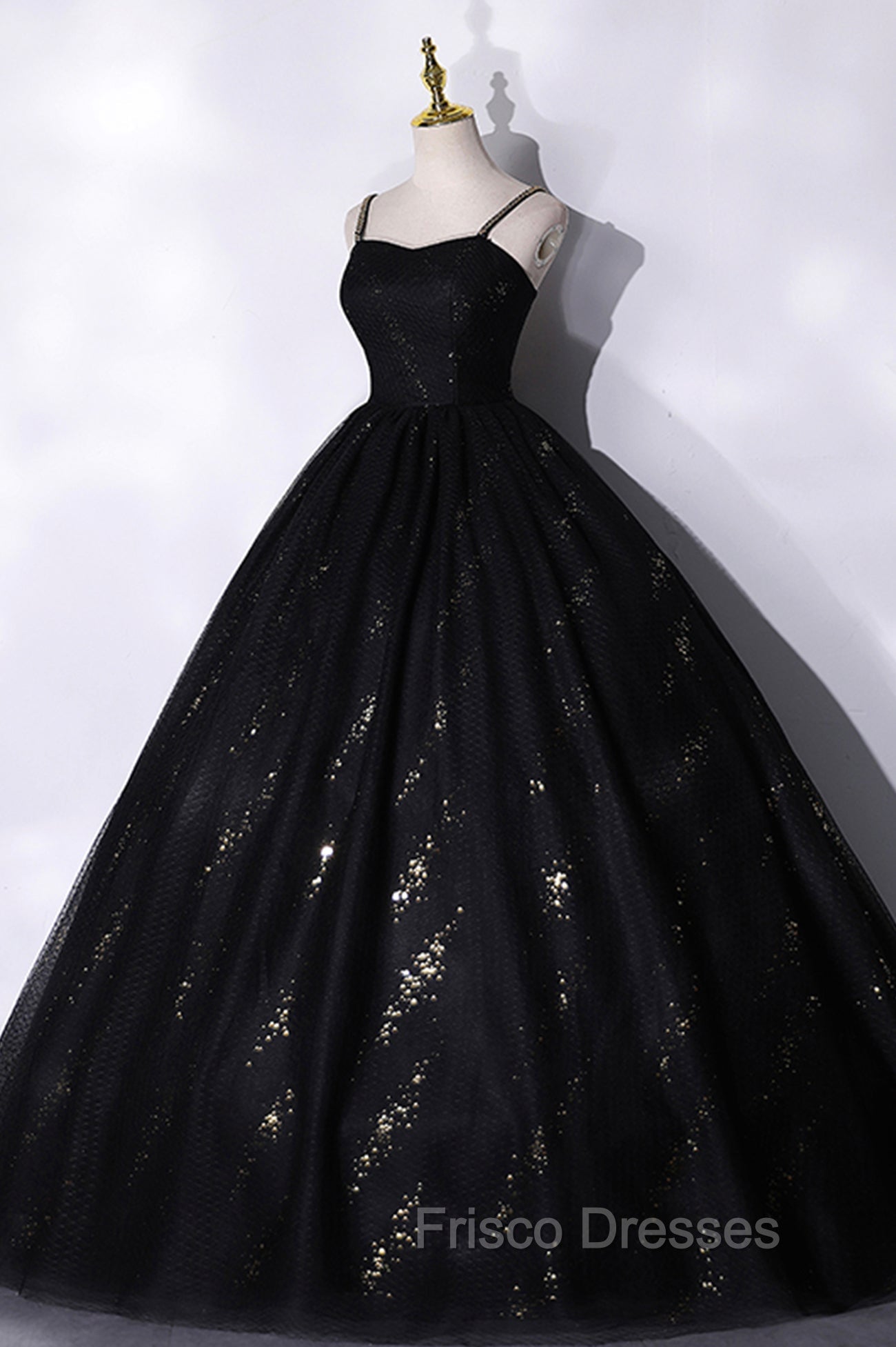Black Tulle Sequins Long Formal Prom Dress, Black Spaghetti Straps Evening Dress