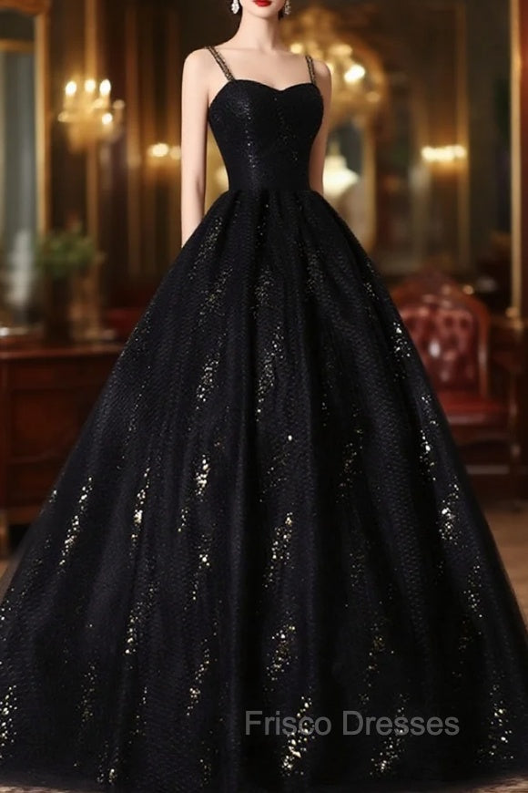Black Tulle Sequins Long Formal Prom Dress, Black Spaghetti Straps Evening Dress