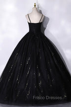 Black Tulle Sequins Long Formal Prom Dress, Black Spaghetti Straps Evening Dress