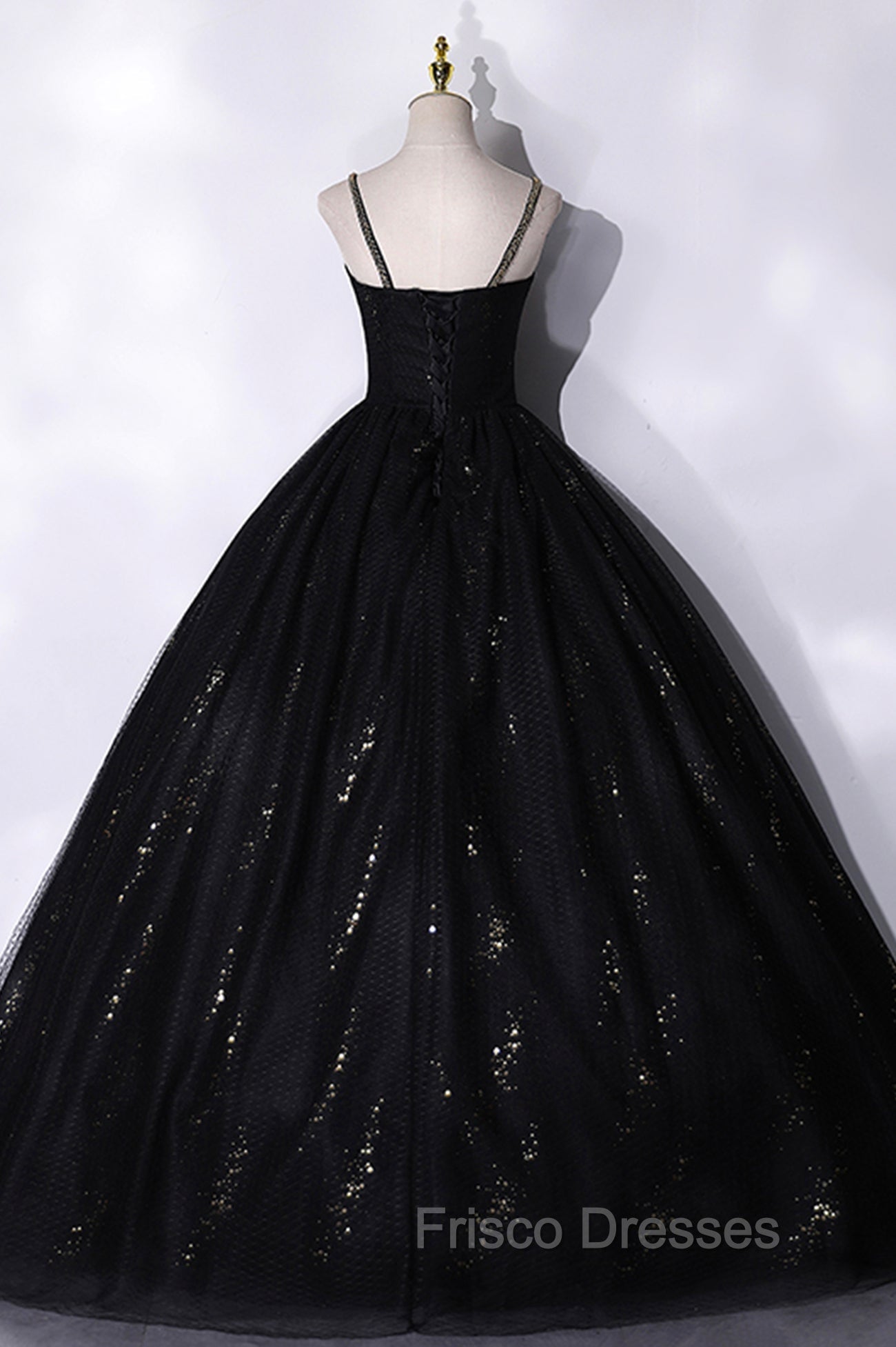 Black Tulle Sequins Long Formal Prom Dress, Black Spaghetti Straps Evening Dress