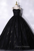 Black Tulle Sequins Long Formal Prom Dress, Black Spaghetti Straps Evening Dress