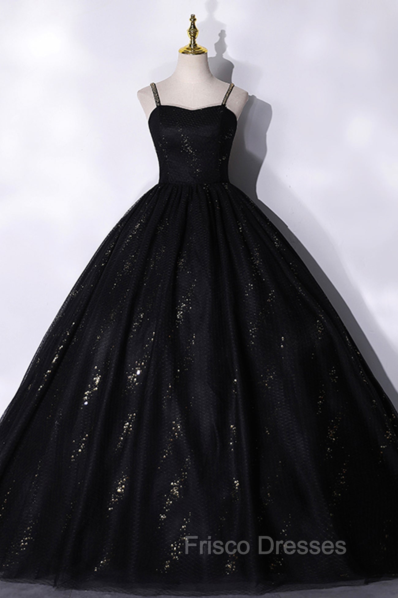 Black Tulle Sequins Long Formal Prom Dress, Black Spaghetti Straps Evening Dress