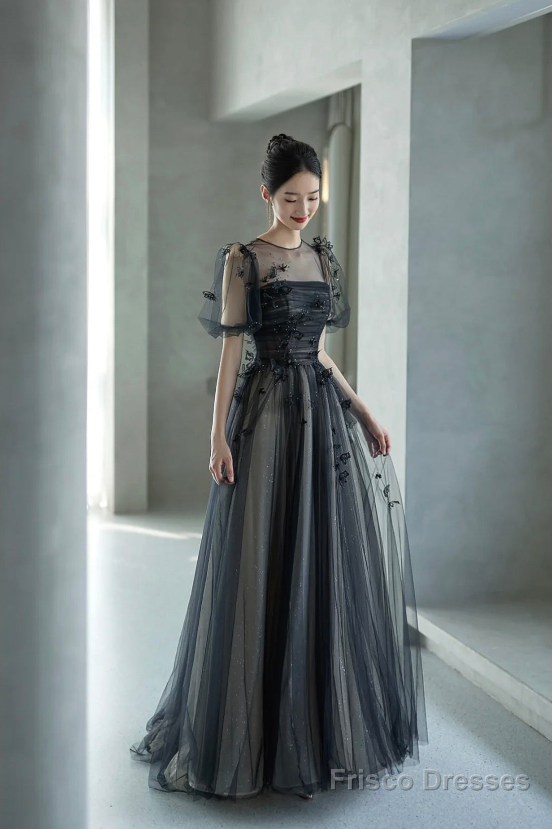 Black Tulle Sequins Long Prom Dress, Lovely A-Line Evening Party Dress Main image