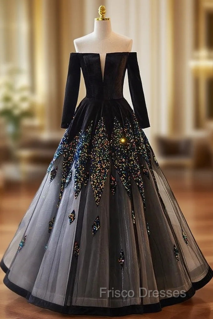 Black Tulle Sequins Long Sleeve Off the Shoulder Formal Prom Dress