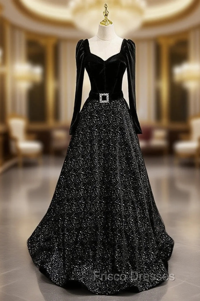 Black Tulle Sequins Long Sleeve Formal Prom Dress