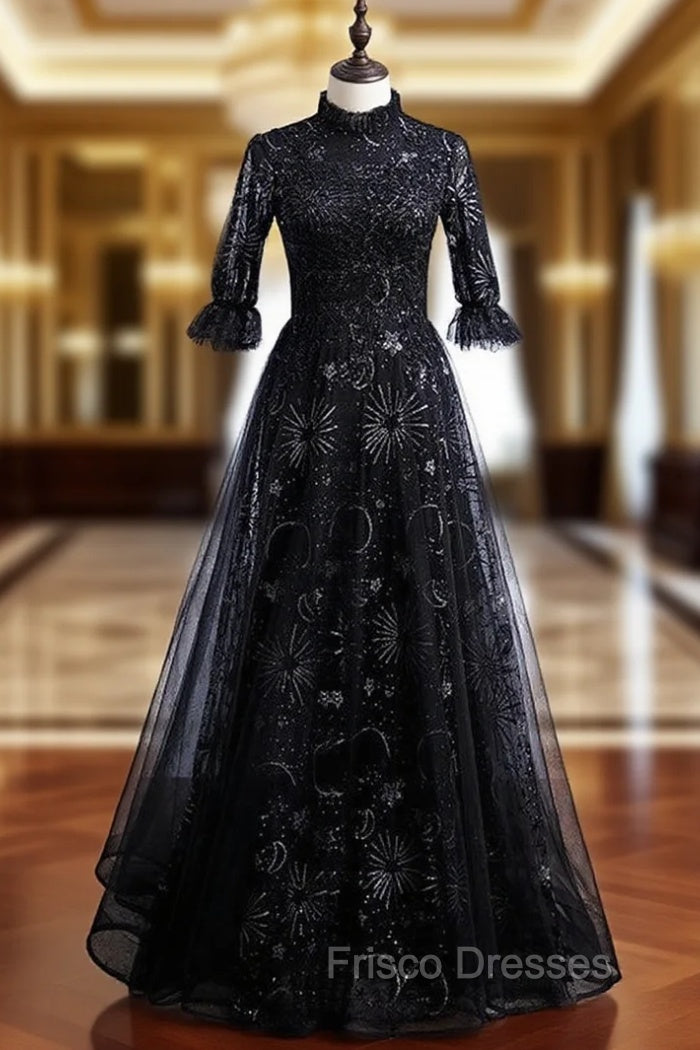 Black Tulle Sequins Short Sleeve Beading Formal Prom Dress Main image