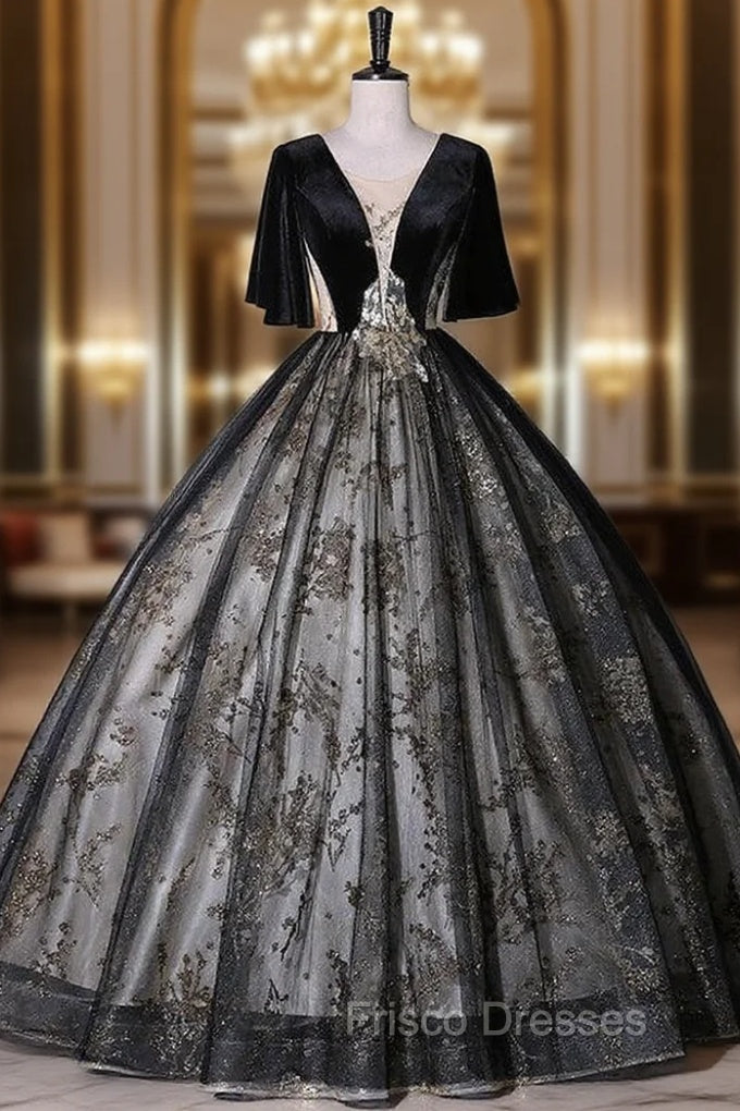 Black Tulle Sequins Short Sleeve Quinceanera Dress