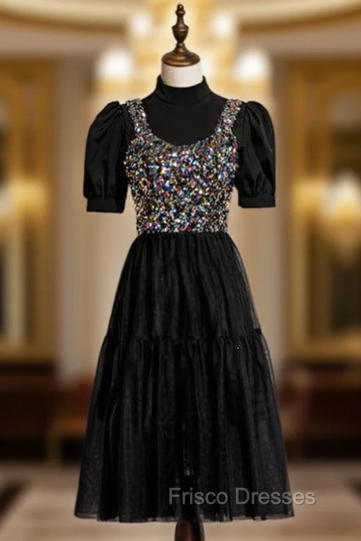 Black Tulle Sequins Short Sleeve Short Formal Prom Dress