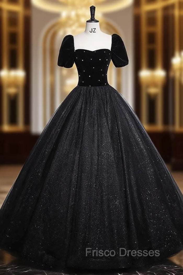 Black Tulle Sequins Short Sleeve Velvet Quinceanera Dress Main image