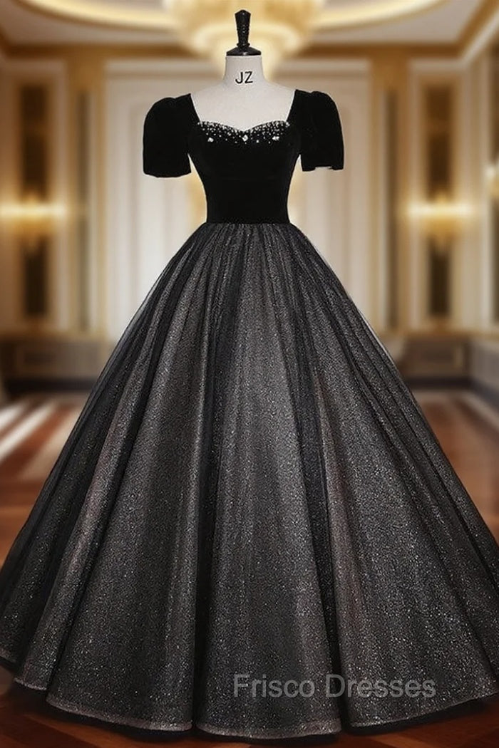 Black Tulle Sequins Square Neck Short Sleeve Beading Quinceanera Dress Main image