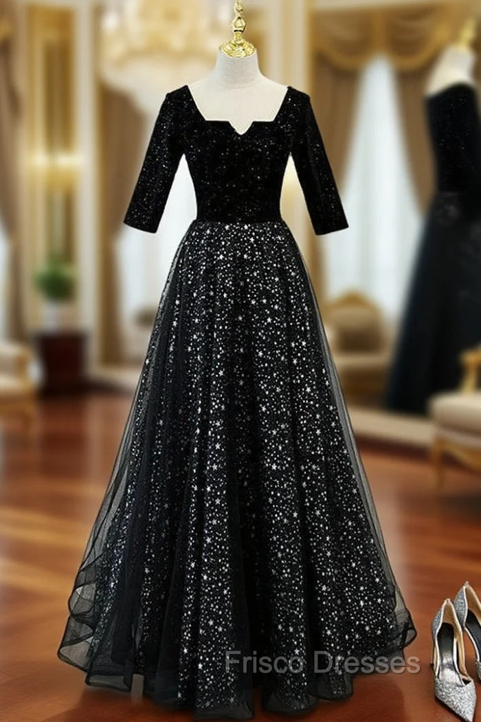 Black Tulle Sequins Square Neck Short Sleeve Formal Prom Dress Main image