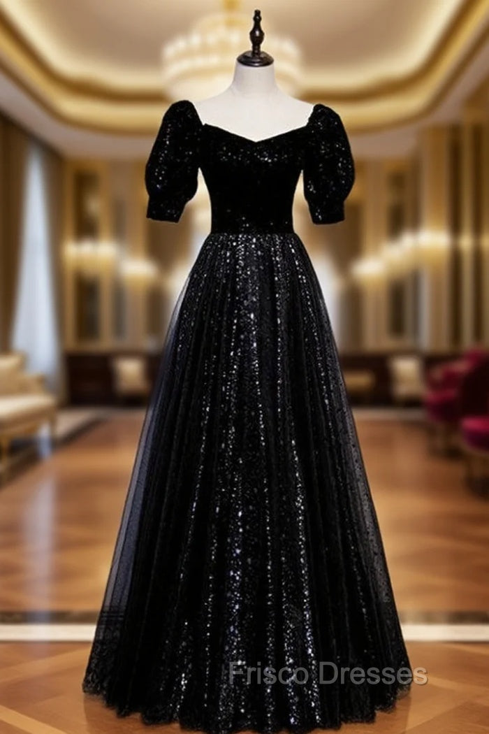 Black Tulle Sequins Square Short Sleeve Formal Prom Dress Main image