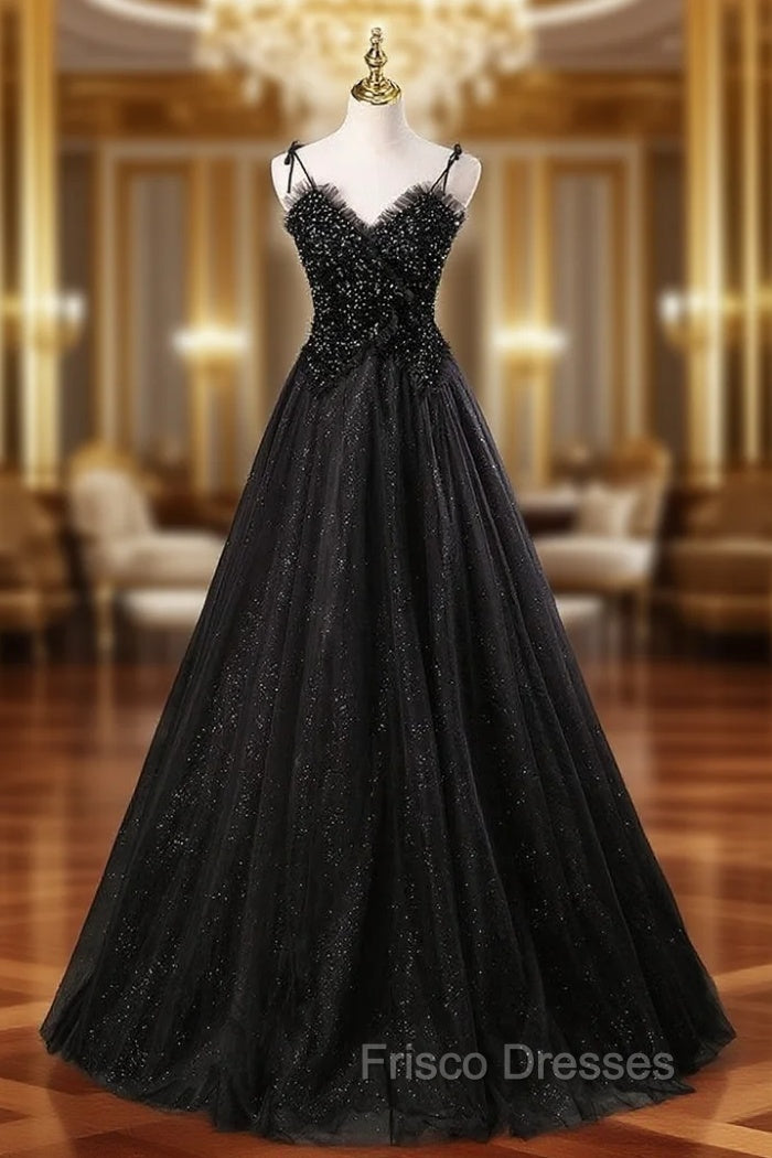 Black Tulle Sequins Straps Beading Formal Prom Dress