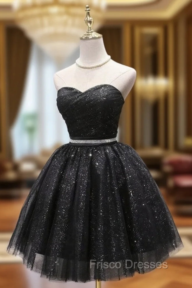 Black Tulle Sequins Sweetheart Homecoming Dress