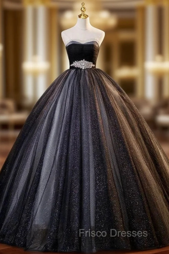 Black Tulle Sequins Sweetheart Pleats Crystal Quinceanera Dress Main image