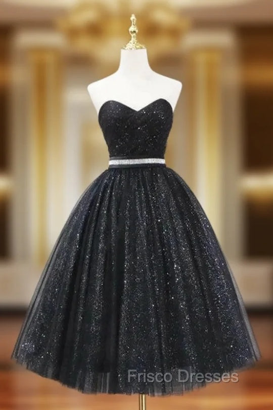 Black Tulle Sequins Sweetheart Pleats Homecoming Dress
