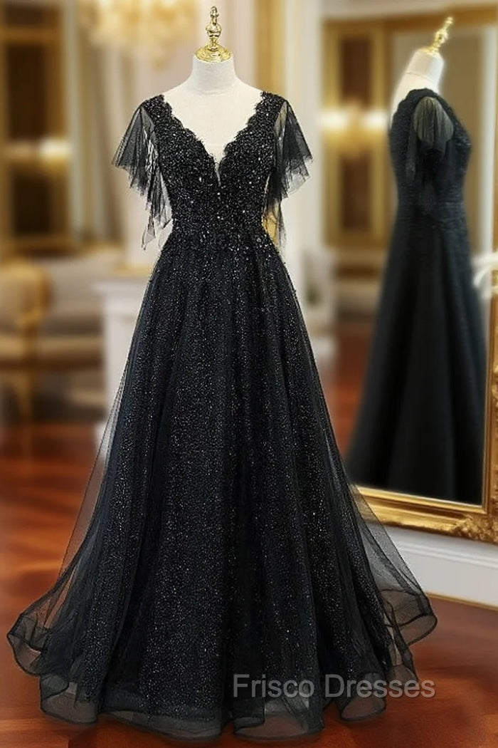 Black Tulle Sequins V-neck Beading Formal Prom Dress Main image